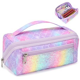 BrainyBees Pencil Pouch for Girls - Large Capacity Pencil Case for Kids Wide Opening Pencil Bag with 8 Compartments Special Cute Pen Case for School (Glitter Purple Mermaid)