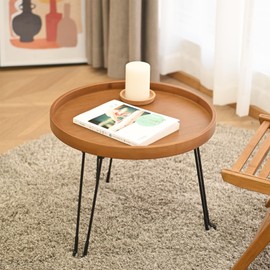 HYNAWIN Foldable Tray Table，Round Side Table with Metal Legs,Bamboo Portable Coffee Table for Living Room, Patio, Office,Camping