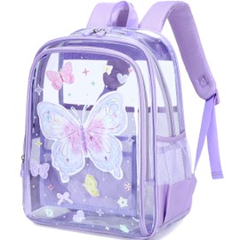 AO ALI VICTORY Clear Backpack for School,PVC Transparent Kids Bookbag for Girls Boys Cute Toddler Back Pack Kindergarten Elementary Schoolbag Stadium Approved See Through Backpacks, Purple Butterfly