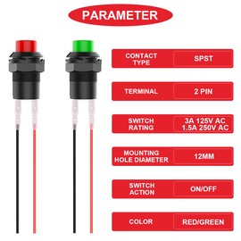 MKBKLLJY Pack of 12 Red/Green Mini Self-Locking On/Off Switch AC 250V 1.5A 125V3A 2Pin 12V 12mm Latching Push Button Micro Round Push Button Switch with Terminal Wires Wiring Cap for Car