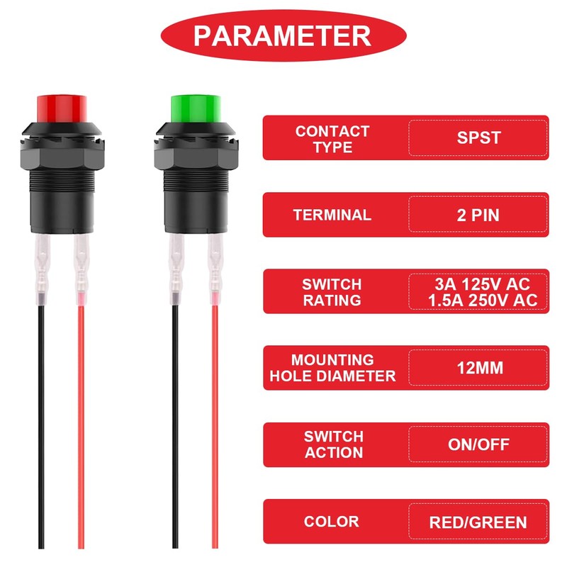MKBKLLJY Pack of 12 Red/Green Mini Self-Locking On/Off Switch AC
