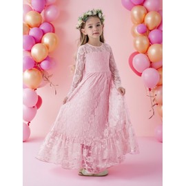 ALLOVIN Long Sleeve Boho Lace Flower Girl Dress, A-Line Ruffle Wedding Baptism Party Dress for Girls 3-12 Years | Pink | 8-9Y
