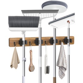 Broom Holder Wall Mounted, 4 Holders and 4 Hooks Mop Holder, Wooden Mop and Broom Holder with Anti slip rubber, Natural pine wood Brush Holder, Mop Wall Holde with Nail installation, Room Storage