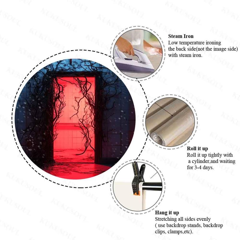 KUKUSOUL 7x5FT Halloween Backdrop Horror Forest Red Door Backdrop Upside
