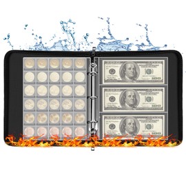 Fireproof Coin Collection Book Holder for Collectors with 360 Pockets Coins Storage and 36 Pockets Currency Sleeves, Coins Collecting Album Money Storage Case for Bill, Pennies, Quarters, Stamp