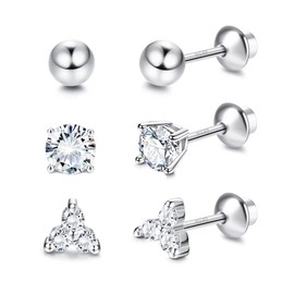 Sllaiss 3 Pairs Sterling Silver CZ Stud Earrings Screwback Silver Ball Round CZ Flower Tragus Cartilage Earrings Stud Tiny Cubic Zirconia Screw Back Stud Earrings for Women 4mm