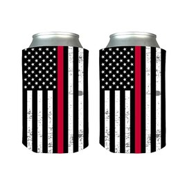 Thin Red Line Flag Collapsible Beer Can Bottle Beverage Cooler Sleeves 2 Pack Gift For Firefighter Fire Fighter