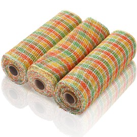 3 Rolls Fall Poly Burlap Mesh 10 Inches Plaid Check Deco Mesh Wreath Supplies - Yellow Green and Orange Multi Stripe Thanksgiving Decorative Poly Mesh Ribbon for Wreaths DIY Crafts Making Supplies