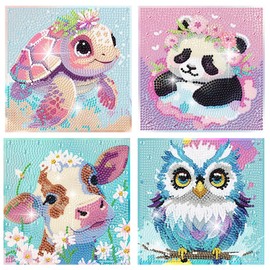 FQOVKYN 4 Packs 5D Cartoon Diamond Art Kits for Kids, Cute Animals DIY Diamond Arts Mosaic Kits for Adults Beginner, Full Round Drill Gem Art for Home Wall Decor Kids Present 6X6 inch