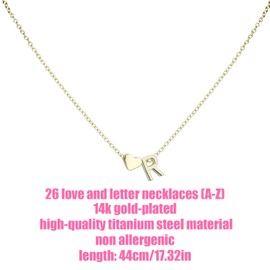 Mikovivi Women's Gold Heart-Shaped Letter Necklace, Gold-Plated Heart-Shaped Letter Necklace Gold Heart Initial Necklace Birthday Gift Valentine's Day Present for Women Girls (R)