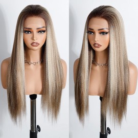 Style Icon Yaki Straight Lace Front Wig 24 Inches Brown Blonde Highlight 13x4 Lace YAKI Straight Synthetic Hair Free Part Wig For Women (Color: NTSA10/23B/613C)