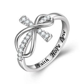 Inspirational Jewelry 925 Sterling Silver Engraved Faith Hope Love Cubic Zirconia Cross Infinity Ring, Size 5-10, Sterling Silver, Cubic Zirconia