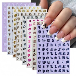 8 Sheets Old English Nail Art Stickers Decals Black White Letters Character Nail Decals Laser Glitter Gold Letters Alphabet Nail Art Design Letters Words Nail Sticker for Women Girls Nail Decoration