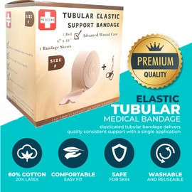 Premium Elastic Tubular Medical Bandage Size F Stockinette, 4 inches x 33 Feet Plus One Pair of Medical Scissors