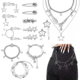 17 Pcs Y2k Accessories Silver Jewelry Y2k for Women Included Star Hair Clips Grunge Necklace Bracelets 2000s Goth Punk Star Pants Chain Vintage Hair Accessories Jewelry Set for Women