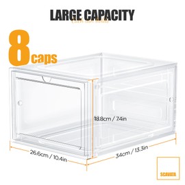 SCAVATA Hat Organizer Box, Stackable Clear Baseball Caps Holder Box Containers with Magnetic Door for Hats Snapback Cap Storag, Hat Rack Display Case, Holds 8 Hats Each (Clear, 6 Pack)