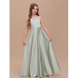 WDCVGTR Champagne Straps Junior Bridesmaid Dress for Wedding Satin Bow Knot Flower Girl Dress A-Line Prom Formal Floor Length Gowns 16