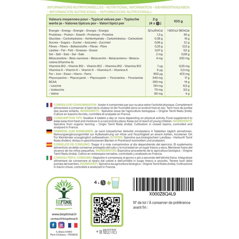 Organic Spirulina - BCAA Iron Vitamin A 65% Protein 17%