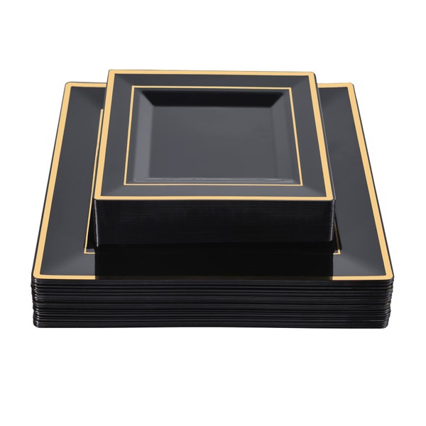 N9R 60 Pack Black Square Plastic Plates with Gold Rim Include 30 Disposable Dinner Plates 9.5 Inch and 30 Dessert Plates 6.5 Inch, Fancy Plates for Party Wedding