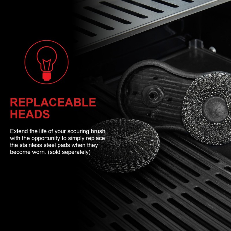 Grillstream Dual-Head BBQ Scouring Brush, Extra-Large Steel Pads for Deep