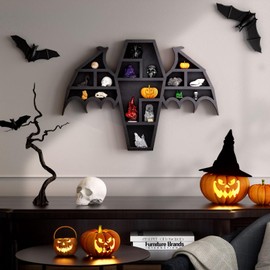 Qmetalart Coffin Shelf with Bat Wings, Wooden Gothic Decor for Display or Storage Rocks Mini Figures, Wall Hanging & Tabletop Crystal Display Shelf Gothic Home Decor