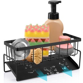 VINEST Sink Organiser with Self-Draining Drip Tray, Kitchen Organiser Stainless Steel Organiser Kitchen for Bathroom Kitchen, Sponge Holder Kitchen Prevent Water Accumulation (Black)