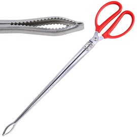 Goeielewe Multi-Function Clip Scissor Tongs Anti-Slip Tool Clip Sea Crab Artifact Crab Tongs 14.5 Inches Long Metal and ABS Material Silver and Red (Curved Head)