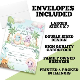He or She Dinosaur Gender Reveal Invitations - 20 Fill In 5x7 Baby Shower Cards with Envelopes - Cute Hatching Dino Theme by AmandaCreation`