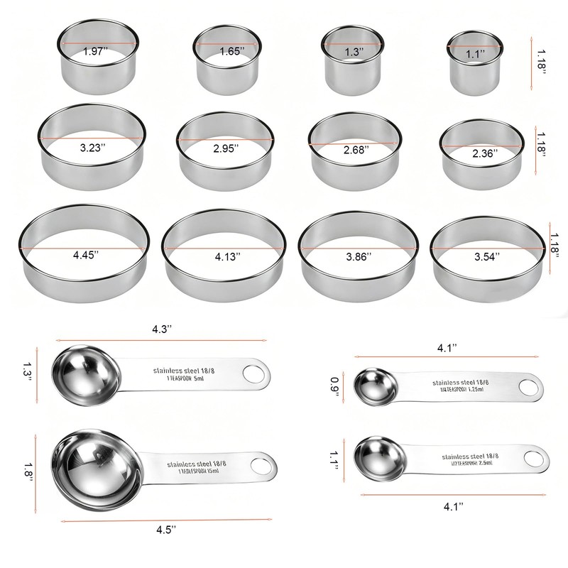 12Pcs 18/8 Stainless Steel Cookie Cutters Set with 4Pcs Measuring