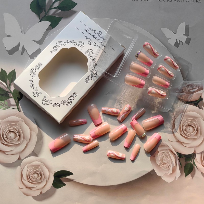 Pink Press on Nails French Tip Fake Nails with Designs