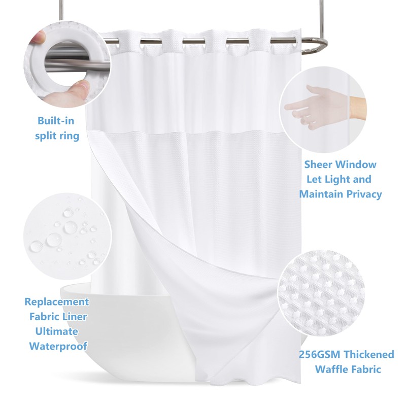PILOTSHARK No Hook Waffle Weave Shower Curtain Set with Snap-in