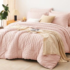 CozyLux Queen Comforter Set Blush Pink Seersucker 7 Pieces, Bed in a Bag Comforter Set with Sheets All Season, Bedding Sets with Comforter, Pillow Shams, Flat Sheet, Fitted Sheet and Pillowcases