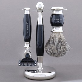 Jag Shaving Set - 3-Piece Shaving Set with Shaving Brush - 3 Razor Blades Safety Razor - Super Badger Hair Shaving Brush - Shaving Stand - Black Shaving Set as Gift Set
