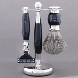 Jag Shaving Set - 3-Piece Shaving Set with Shaving Brush - 3 Razor Blades Safety Razor - Super Badger Hair Shaving Brush - Shaving Stand - Black Shaving Set as Gift Set