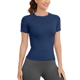 MathCat Short Sleeve Workout Tops for Women, Seamless Workout Shirts for Women, Yoga Athletic Shirts Soft Gym Tops Navy