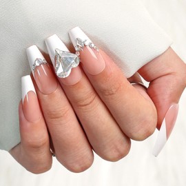 Artquee Pink White Coffin French Tip Press on Nails Long Fake Nail with Designs 3D Love Heart Rhinestones False Nails Art Artificial Glossy Reusable Stick on Nails for Women in 15 Sizes - 30 Nail Kit