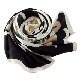 YangtzeStore Long Charmeuse Silk Scarf Floral and Graphic Print (Black White Abstract)