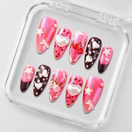 Zfans Almond Shape DreamWear Collection - 100% Handcrafted 3D Press-On Nails | Reusable, Long-Lasting, Salon-Quality Mint Bloom Eco-Friendly Nail Art Set:_Escaping Sweetie_s