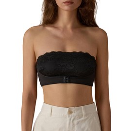 SHARICCA Lace Strapless Bras for Women Front Clourse Wireless Bandeau Bra,FX Seamless Tube Top Bra, Black, M,FX