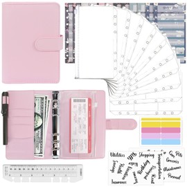 Mlife Ring Binder Set - 28pcs Leather Notebook Budget Binder with Clear Cash Envelopes,Budget Sheets and Label Stickers,Cash Organizer Money Saving Binder for Travel and Diary Pink