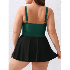 CUPSHE Plus Size Women's One Piece Swimsuit Scoop Neck Bathing Suit Ruffled Swim Dress Wide Adjustable Straps, 2X Black/Green