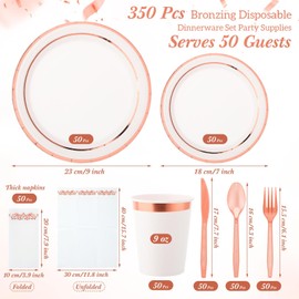 meekoo 350 Pcs Paper Plates Set Disposable Party Dinnerware for 50 Guests 9in and 7in Dinner Paper Plates Dessert Plates Napkins Gold Rimmed Cups Knives Forks Spoons(Rose Gold and White, Round)