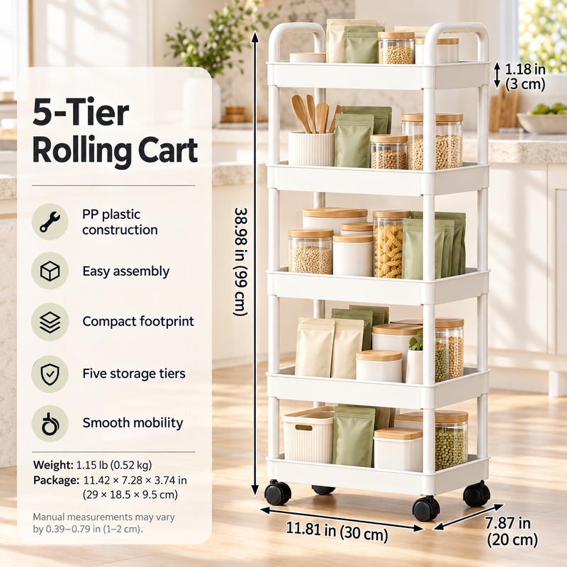 5-Tier Rolling Storage Cart for Kitchen Organization – Space-Saving Mobile