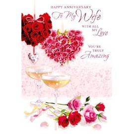 Wife Wedding Anniversary Card - Hearts of Roses Champagne & Glitter 7.75 x 5.25"