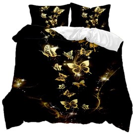 EHAOKK Golden Butterfly Duvet Cover, Bed Linen with Butterflies, Blue, Purple, Colourful Fantasy Butterfly Duvet Cover, 3D Butterflies Bedding Sets (B, 135 x 200 cm)