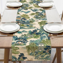 Croar Chinoiserie Vintage Style Mountain Dining Table Runner, Asian Oriental Hand Painted Art Landscape Burlap Kitchen Decoration, Retro House Trees Indoor Outdoor Home Decor Party Supply 13x36 Inches