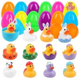 SULOLI 12 Stück Gefüllte Ostereier mit Gummiente,Mini gelben Enten im Ostereier,Osterkorb Füller mit Gummiente für Kinder Ostern Party