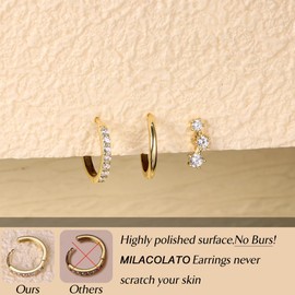 MILACOLATO 14K Gold Plated Earrings Set for Multiple Piercings Hypoallergenic 925 Sterling Silver Earrings for Women Dainty Gold Earrings Cartilage Stud Small Hoop Earrings Set 2CZ