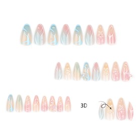 Almond Press on Nails Medium Fake Nails 3d Colorful Design Glue ons Nails Flower Butterfly Pearl Acrylic Nails 24Pcs Coquette Stiletto Handmade Manicure False Nails for Women Girls