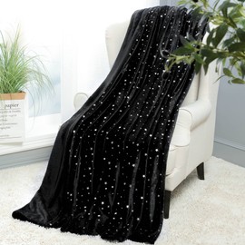 NANPIPER Fleece Blankets Warm Fuzzy Queen Size Blanket,Super Soft Star Foil Print,90"x 90" Black